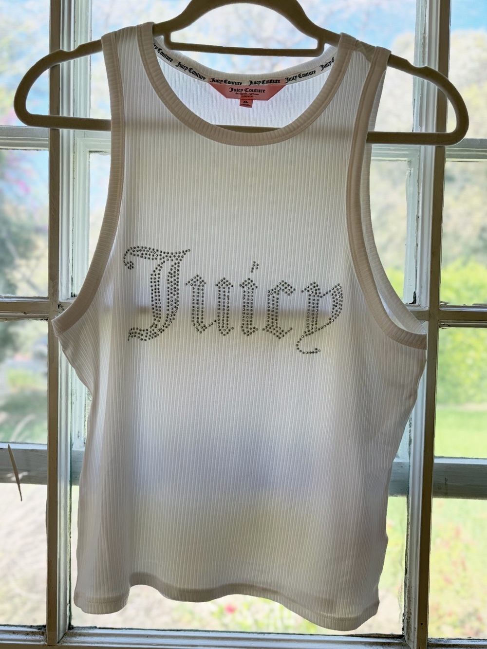 Juicy Couture White Ribbed Tank with Rhinestone 'Juicy' Logo